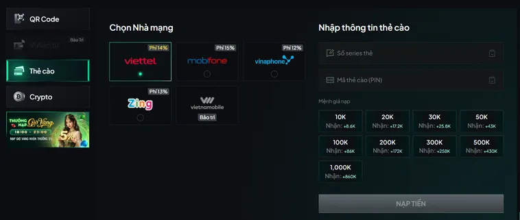 Hướng dẫn nạp tiền qua thẻ cào tại Gem88.